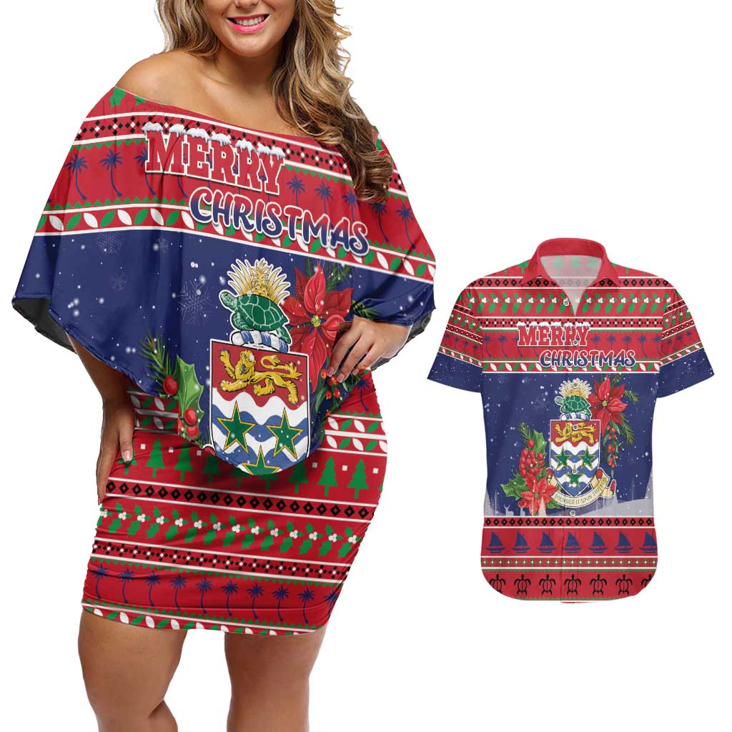 Cayman Islands Christmas Couples Matching Off Shoulder Short Dress and Hawaiian Shirt Coat Of Arms With Poinsettia - Wonder Print Shop