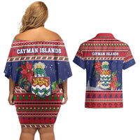 Cayman Islands Christmas Couples Matching Off Shoulder Short Dress and Hawaiian Shirt Coat Of Arms With Poinsettia - Wonder Print Shop