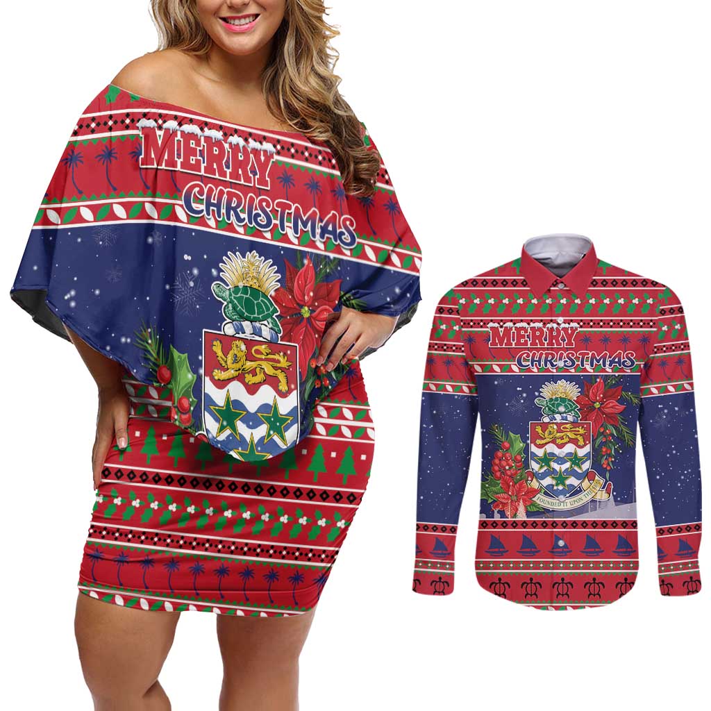 Cayman Islands Christmas Couples Matching Off Shoulder Short Dress and Long Sleeve Button Shirt Coat Of Arms With Poinsettia - Wonder Print Shop