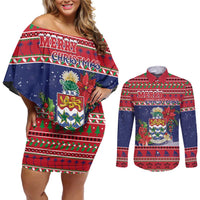Cayman Islands Christmas Couples Matching Off Shoulder Short Dress and Long Sleeve Button Shirt Coat Of Arms With Poinsettia - Wonder Print Shop