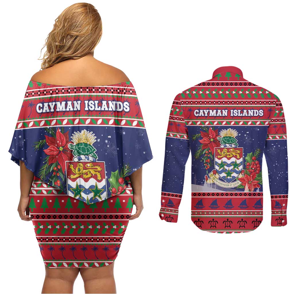 Cayman Islands Christmas Couples Matching Off Shoulder Short Dress and Long Sleeve Button Shirt Coat Of Arms With Poinsettia - Wonder Print Shop