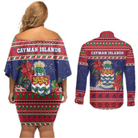 Cayman Islands Christmas Couples Matching Off Shoulder Short Dress and Long Sleeve Button Shirt Coat Of Arms With Poinsettia - Wonder Print Shop