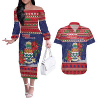 Cayman Islands Christmas Couples Matching Off The Shoulder Long Sleeve Dress and Hawaiian Shirt Coat Of Arms With Poinsettia - Wonder Print Shop