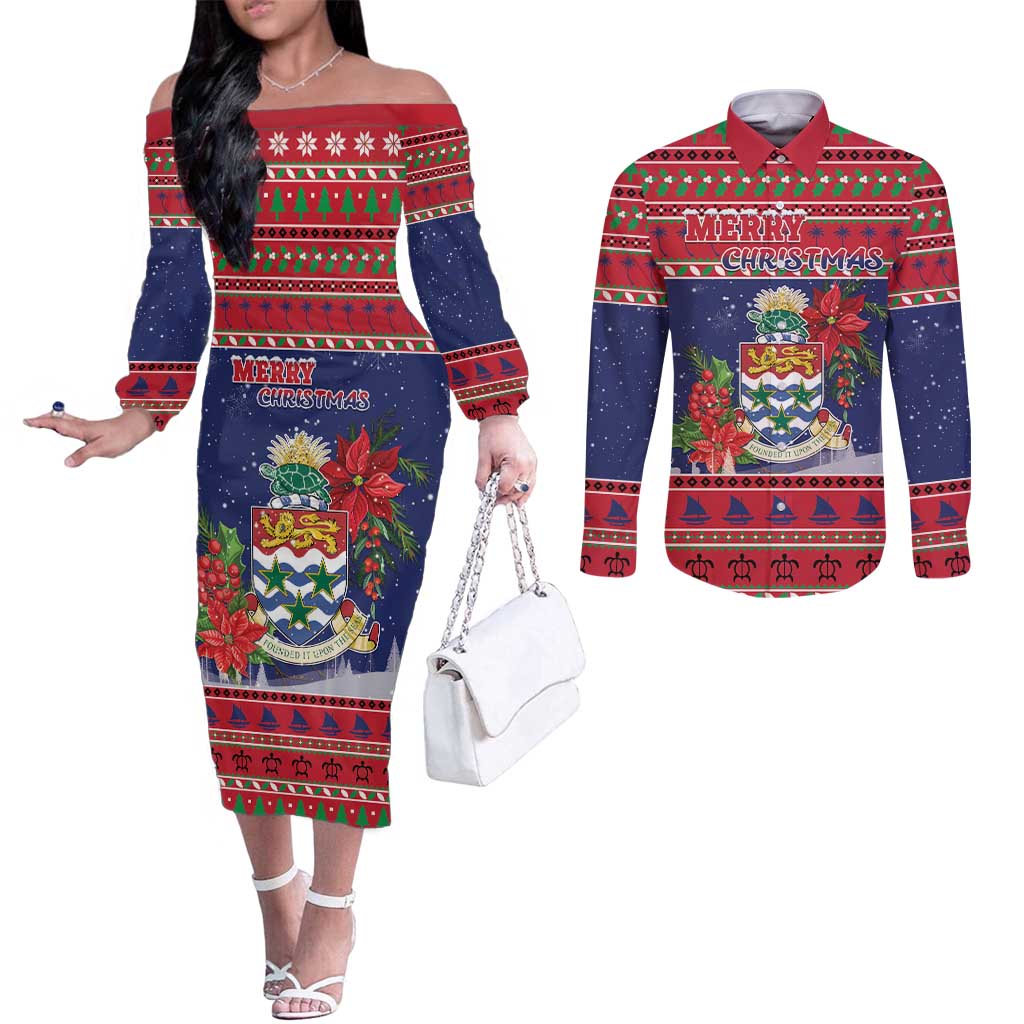 Cayman Islands Christmas Couples Matching Off The Shoulder Long Sleeve Dress and Long Sleeve Button Shirt Coat Of Arms With Poinsettia - Wonder Print Shop