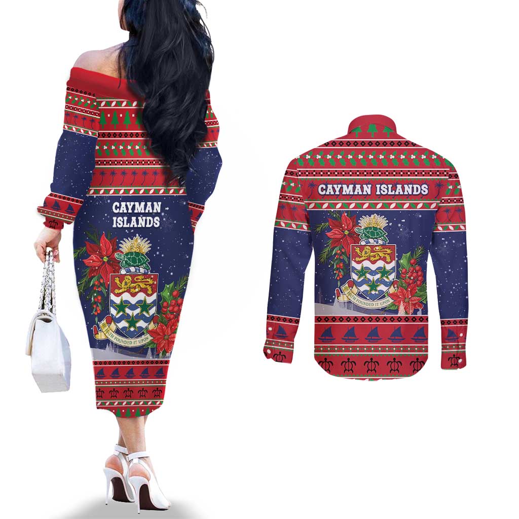 Cayman Islands Christmas Couples Matching Off The Shoulder Long Sleeve Dress and Long Sleeve Button Shirt Coat Of Arms With Poinsettia - Wonder Print Shop