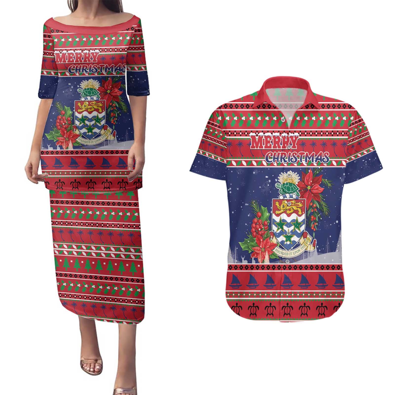 Cayman Islands Christmas Couples Matching Puletasi and Hawaiian Shirt Coat Of Arms With Poinsettia - Wonder Print Shop