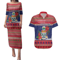 Cayman Islands Christmas Couples Matching Puletasi and Hawaiian Shirt Coat Of Arms With Poinsettia - Wonder Print Shop