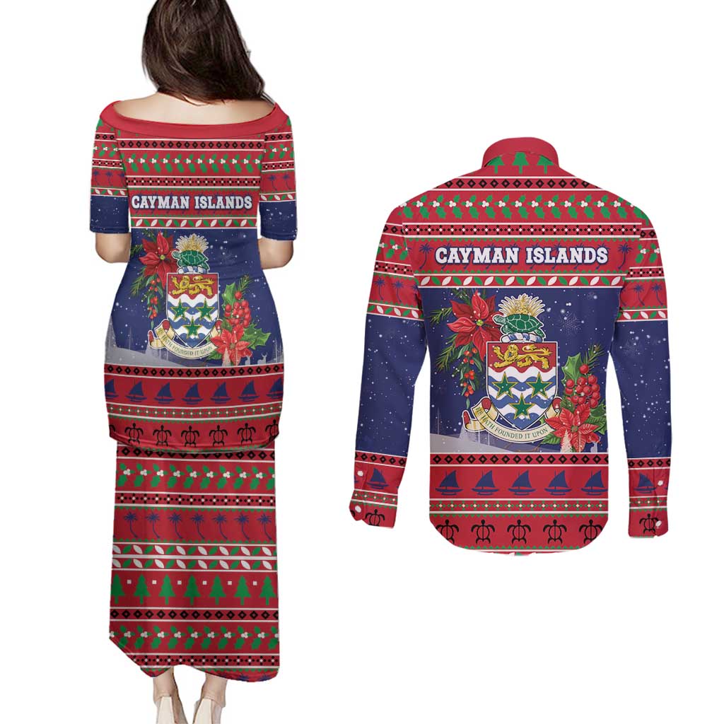 Cayman Islands Christmas Couples Matching Puletasi and Long Sleeve Button Shirt Coat Of Arms With Poinsettia - Wonder Print Shop