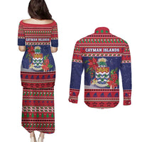 Cayman Islands Christmas Couples Matching Puletasi and Long Sleeve Button Shirt Coat Of Arms With Poinsettia - Wonder Print Shop