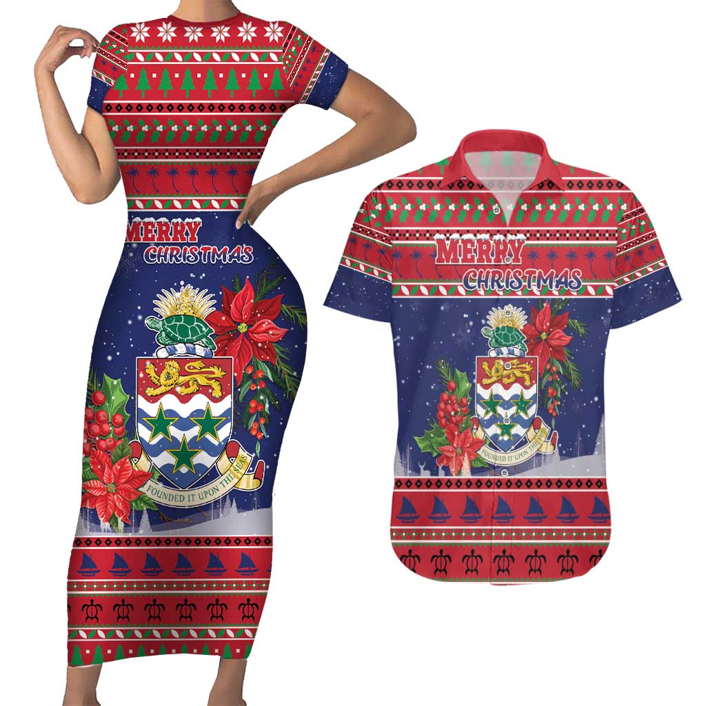 Cayman Islands Christmas Couples Matching Short Sleeve Bodycon Dress and Hawaiian Shirt Coat Of Arms With Poinsettia - Wonder Print Shop