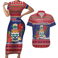 Cayman Islands Christmas Couples Matching Short Sleeve Bodycon Dress and Hawaiian Shirt Coat Of Arms With Poinsettia - Wonder Print Shop
