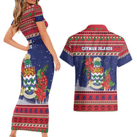 Cayman Islands Christmas Couples Matching Short Sleeve Bodycon Dress and Hawaiian Shirt Coat Of Arms With Poinsettia - Wonder Print Shop