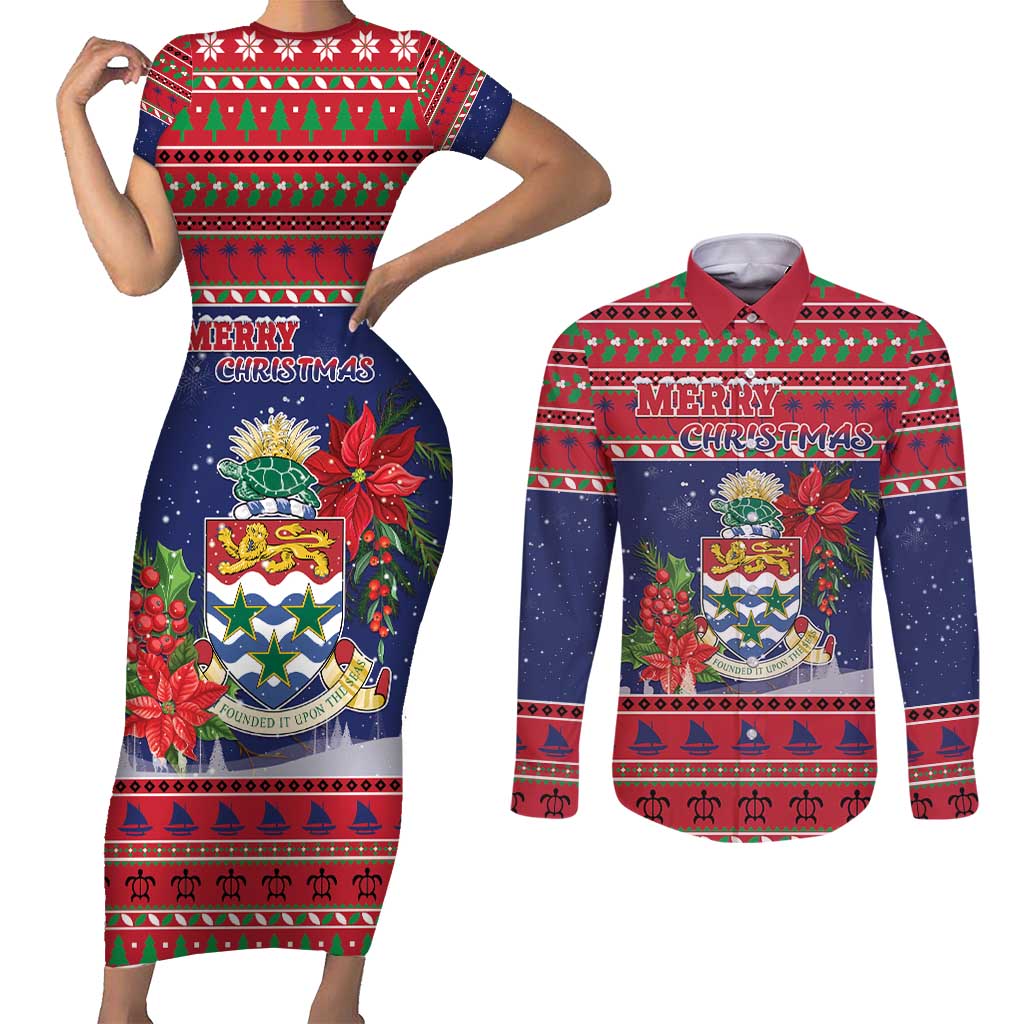 Cayman Islands Christmas Couples Matching Short Sleeve Bodycon Dress and Long Sleeve Button Shirt Coat Of Arms With Poinsettia - Wonder Print Shop