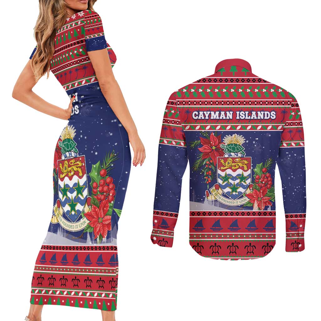 Cayman Islands Christmas Couples Matching Short Sleeve Bodycon Dress and Long Sleeve Button Shirt Coat Of Arms With Poinsettia - Wonder Print Shop