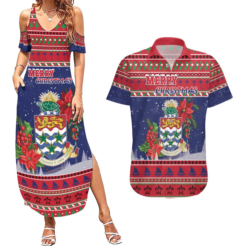 Cayman Islands Christmas Couples Matching Summer Maxi Dress and Hawaiian Shirt Coat Of Arms With Poinsettia - Wonder Print Shop