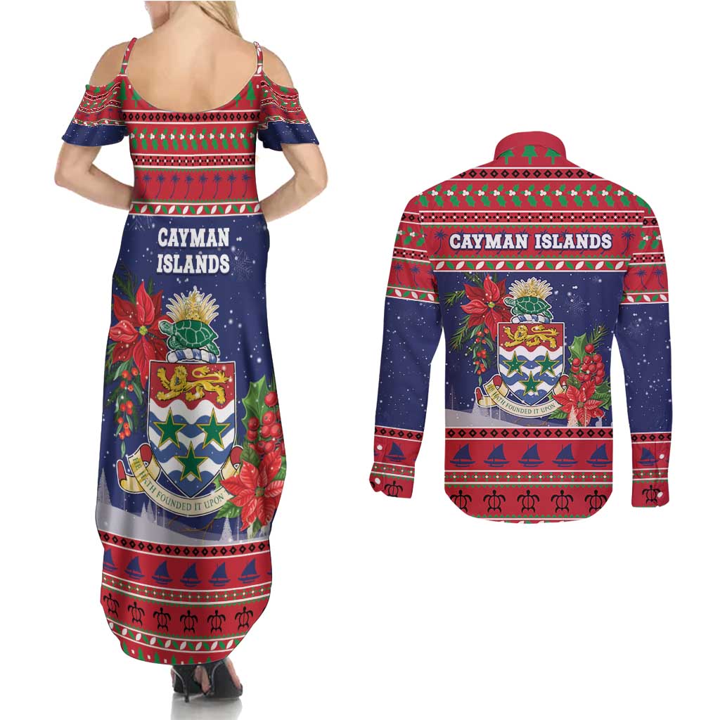 Cayman Islands Christmas Couples Matching Summer Maxi Dress and Long Sleeve Button Shirt Coat Of Arms With Poinsettia - Wonder Print Shop