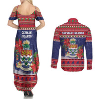 Cayman Islands Christmas Couples Matching Summer Maxi Dress and Long Sleeve Button Shirt Coat Of Arms With Poinsettia - Wonder Print Shop