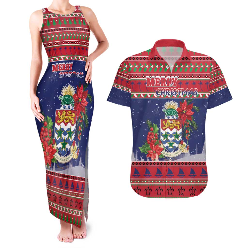 Cayman Islands Christmas Couples Matching Tank Maxi Dress and Hawaiian Shirt Coat Of Arms With Poinsettia - Wonder Print Shop