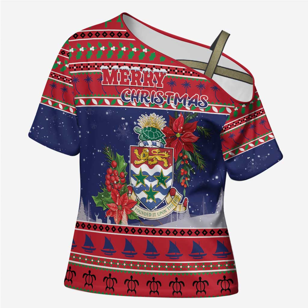 Cayman Islands Christmas Cross Shoulder Shirt Coat Of Arms With Poinsettia - Wonder Print Shop