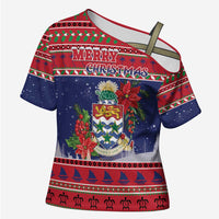 Cayman Islands Christmas Cross Shoulder Shirt Coat Of Arms With Poinsettia - Wonder Print Shop