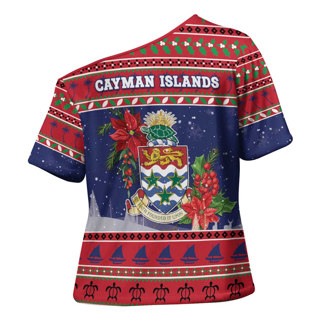 Cayman Islands Christmas Cross Shoulder Shirt Coat Of Arms With Poinsettia - Wonder Print Shop