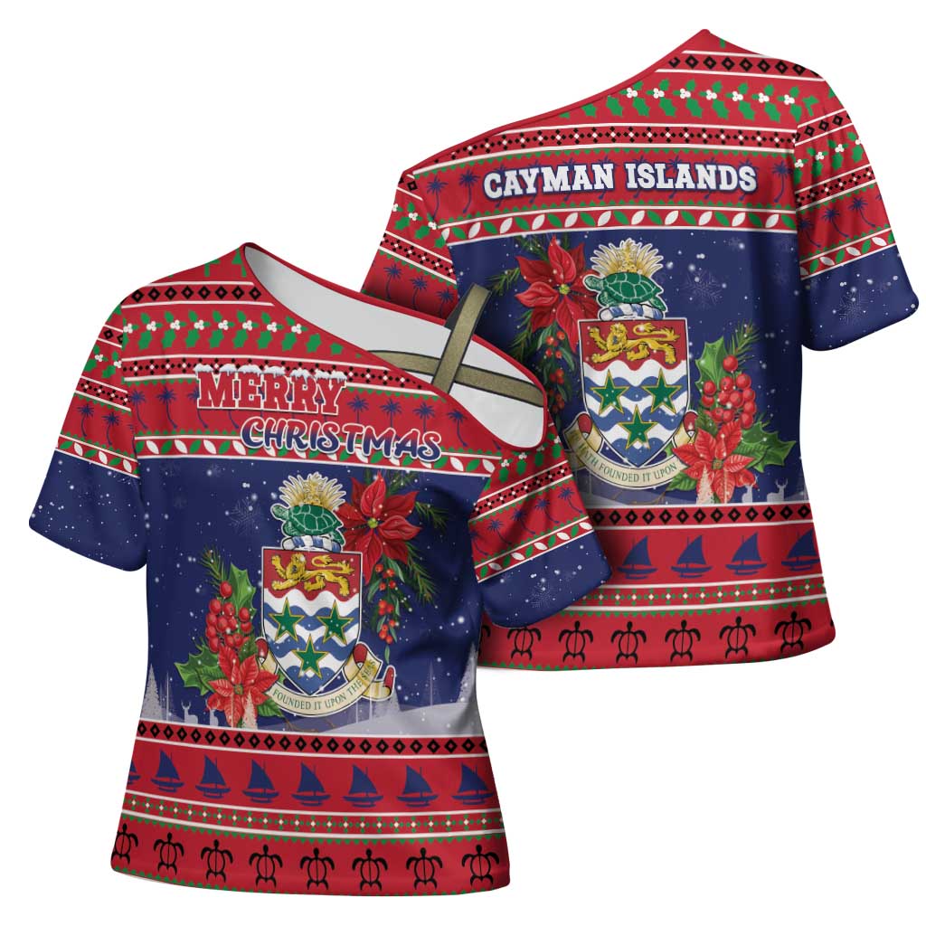 Cayman Islands Christmas Cross Shoulder Shirt Coat Of Arms With Poinsettia - Wonder Print Shop