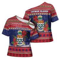 Cayman Islands Christmas Cross Shoulder Shirt Coat Of Arms With Poinsettia - Wonder Print Shop