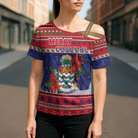 Cayman Islands Christmas Cross Shoulder Shirt Coat Of Arms With Poinsettia - Wonder Print Shop