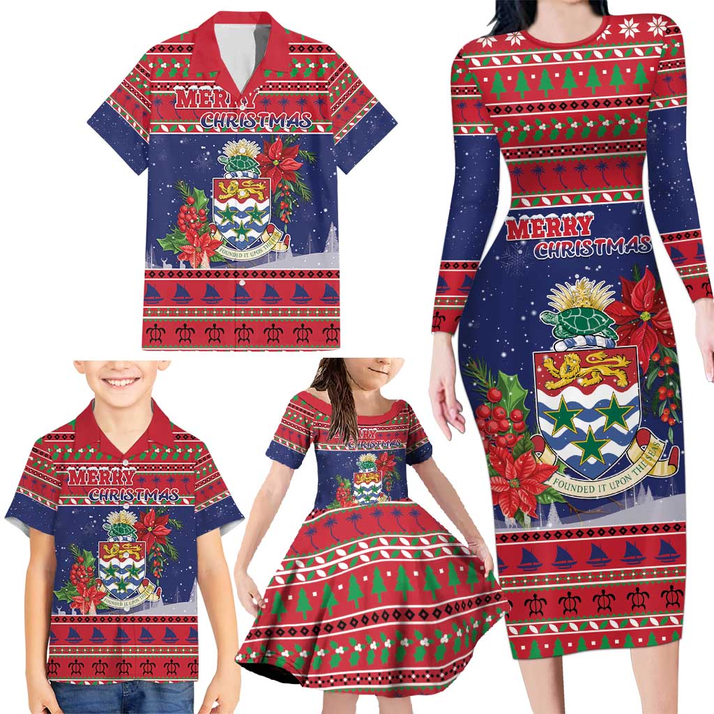 Cayman Islands Christmas Family Matching Long Sleeve Bodycon Dress and Hawaiian Shirt Coat Of Arms With Poinsettia - Wonder Print Shop