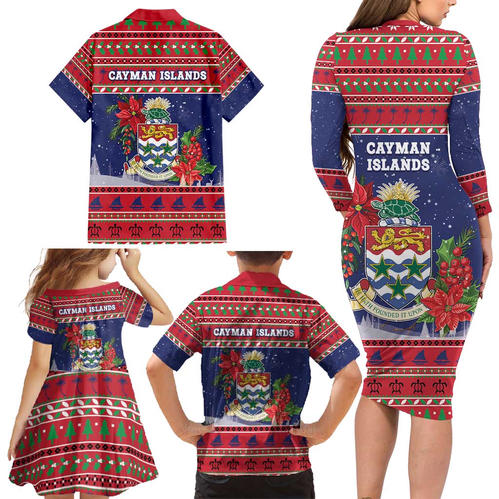 Cayman Islands Christmas Family Matching Long Sleeve Bodycon Dress and Hawaiian Shirt Coat Of Arms With Poinsettia - Wonder Print Shop