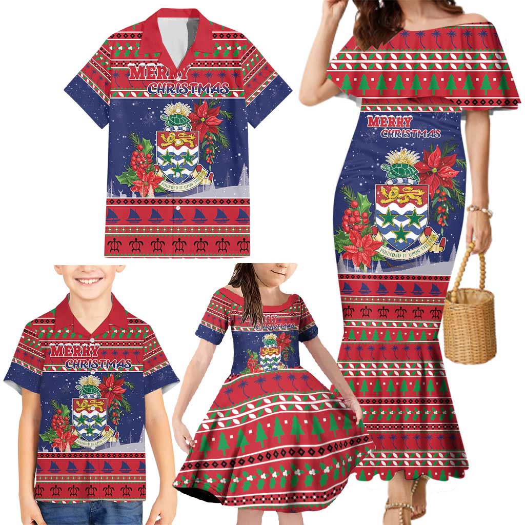 Cayman Islands Christmas Family Matching Mermaid Dress and Hawaiian Shirt Coat Of Arms With Poinsettia - Wonder Print Shop
