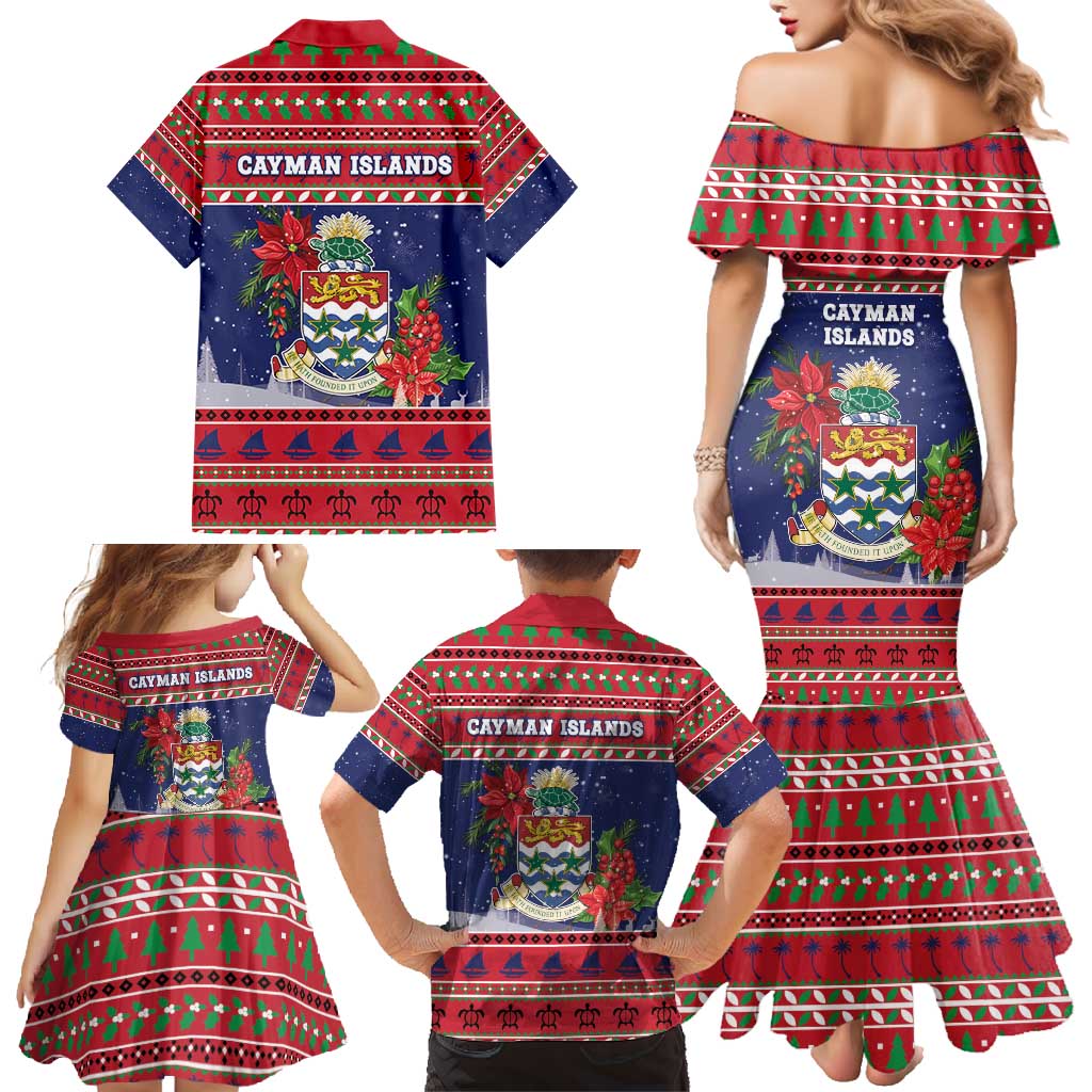 Cayman Islands Christmas Family Matching Mermaid Dress and Hawaiian Shirt Coat Of Arms With Poinsettia - Wonder Print Shop