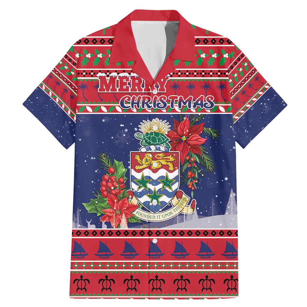 Cayman Islands Christmas Family Matching Mermaid Dress and Hawaiian Shirt Coat Of Arms With Poinsettia - Wonder Print Shop