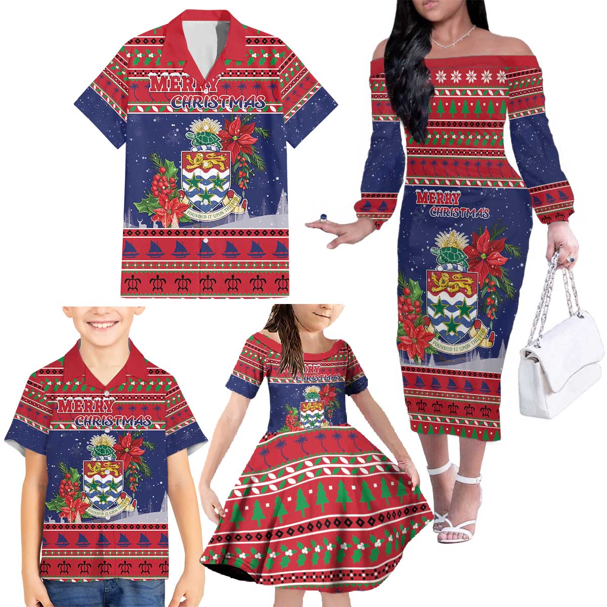 Cayman Islands Christmas Family Matching Off The Shoulder Long Sleeve Dress and Hawaiian Shirt Coat Of Arms With Poinsettia - Wonder Print Shop