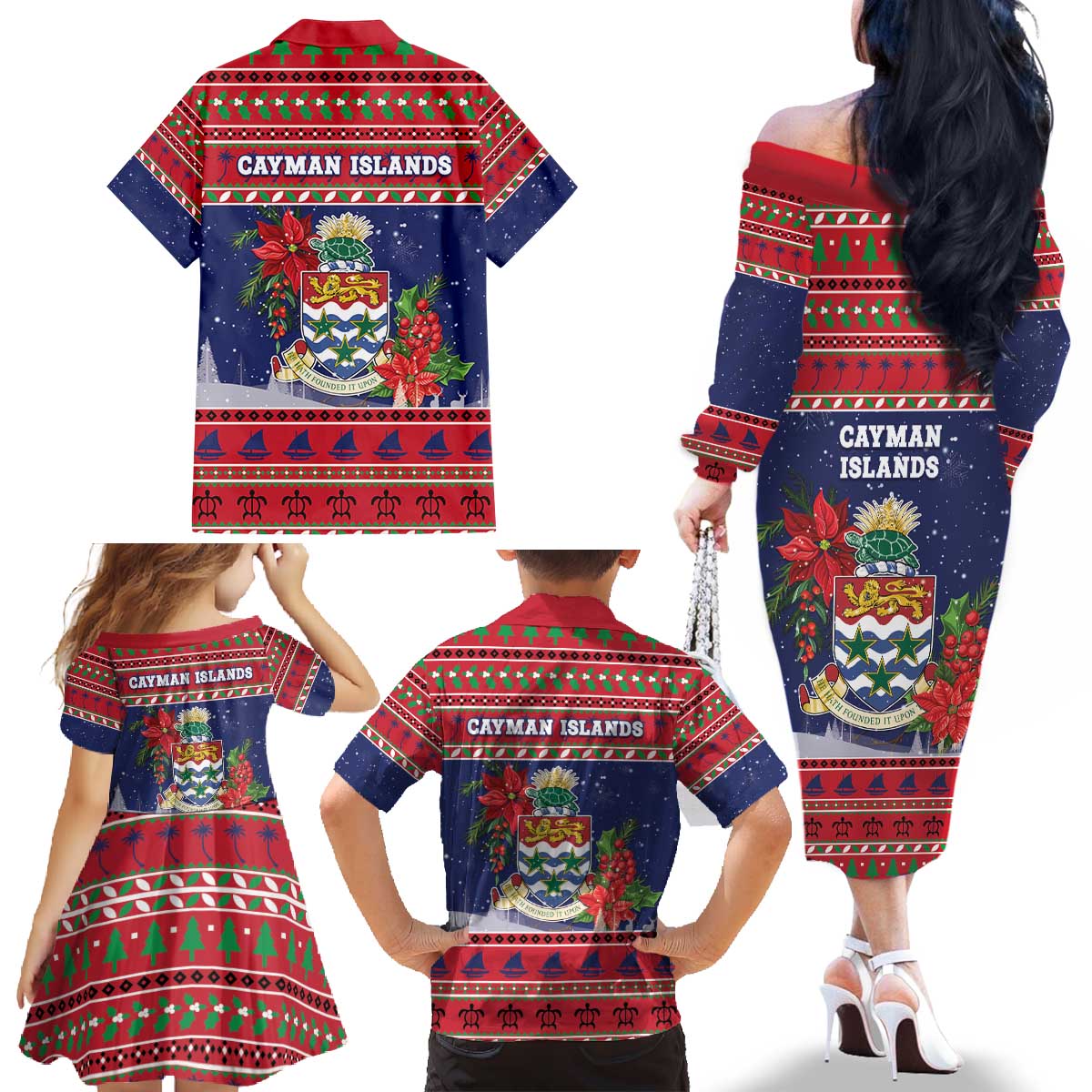 Cayman Islands Christmas Family Matching Off The Shoulder Long Sleeve Dress and Hawaiian Shirt Coat Of Arms With Poinsettia - Wonder Print Shop