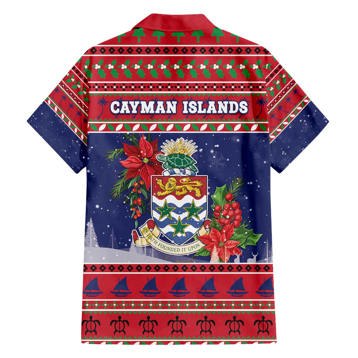 Cayman Islands Christmas Family Matching Off The Shoulder Long Sleeve Dress and Hawaiian Shirt Coat Of Arms With Poinsettia - Wonder Print Shop