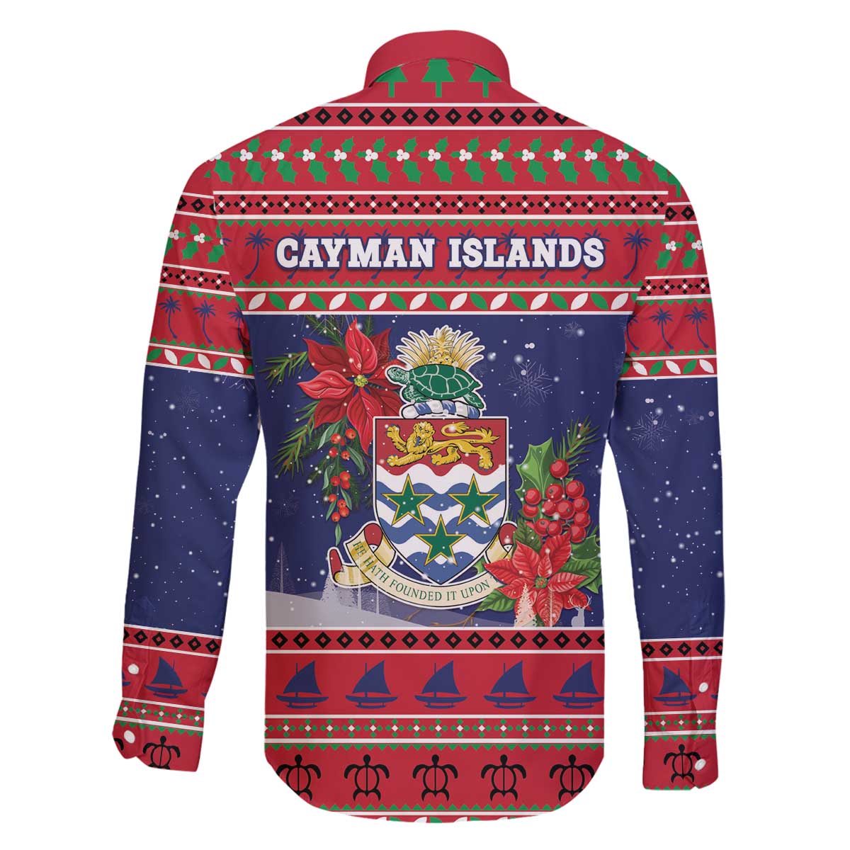 Cayman Islands Christmas Family Matching Off The Shoulder Long Sleeve Dress and Hawaiian Shirt Coat Of Arms With Poinsettia - Wonder Print Shop