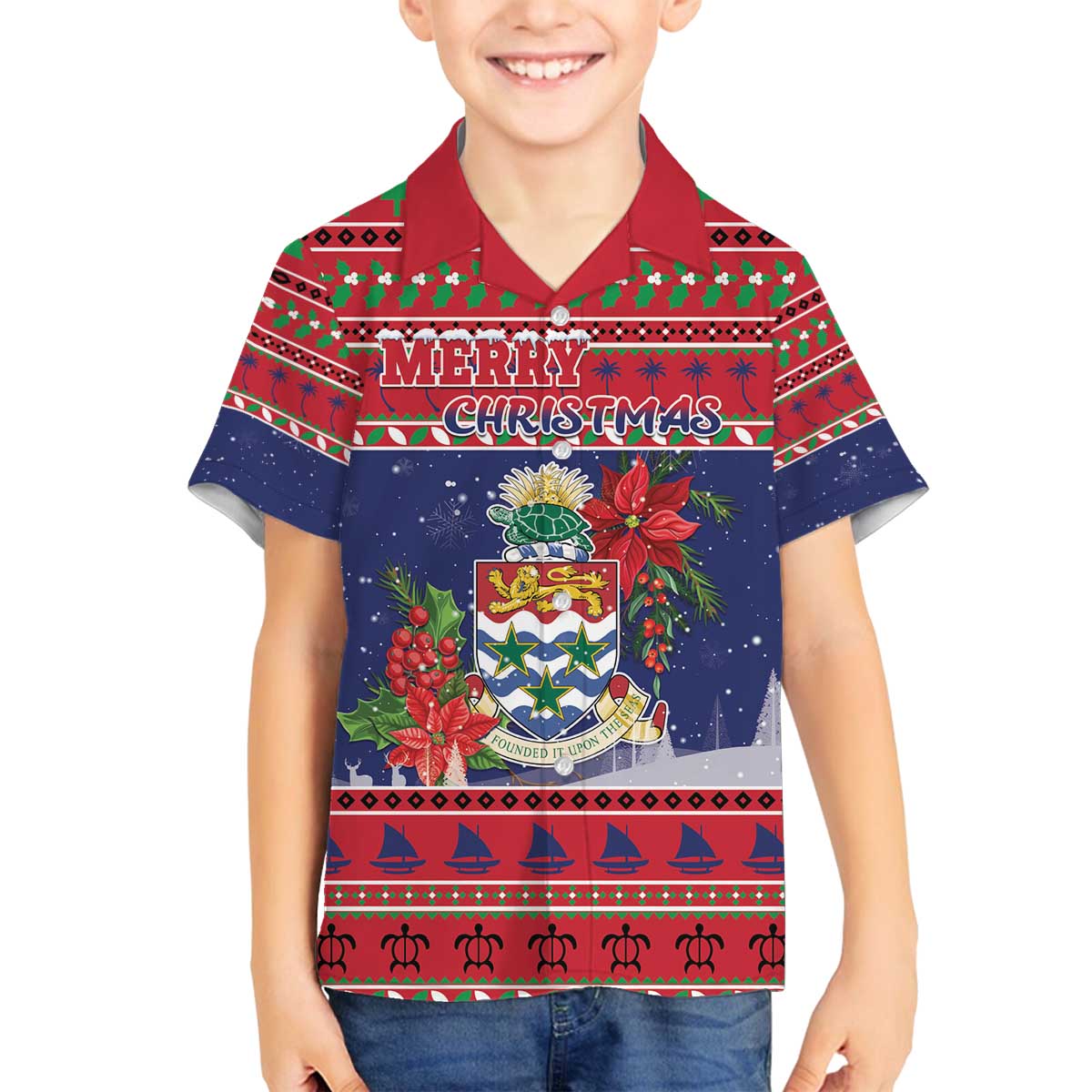 Cayman Islands Christmas Family Matching Off The Shoulder Long Sleeve Dress and Hawaiian Shirt Coat Of Arms With Poinsettia - Wonder Print Shop