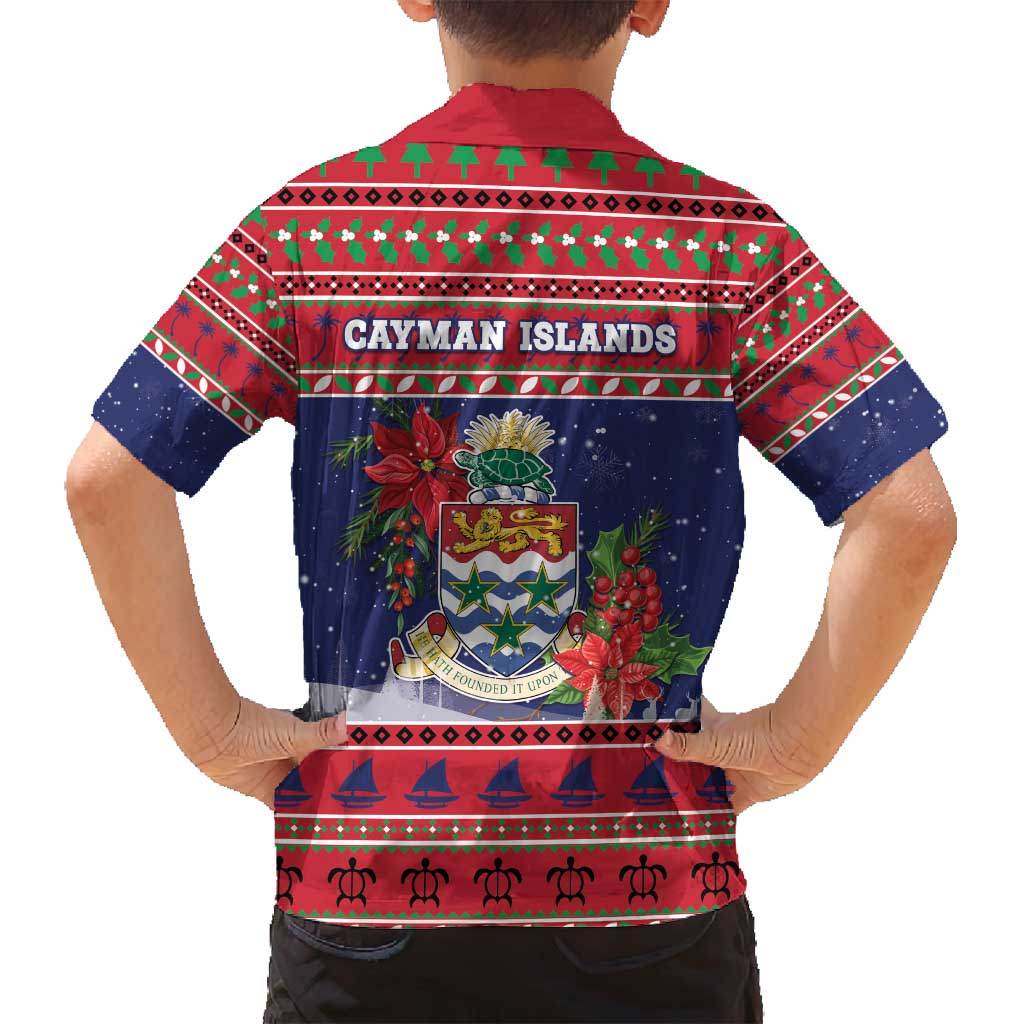 Cayman Islands Christmas Family Matching Off Shoulder Maxi Dress and Hawaiian Shirt Coat Of Arms With Poinsettia - Wonder Print Shop