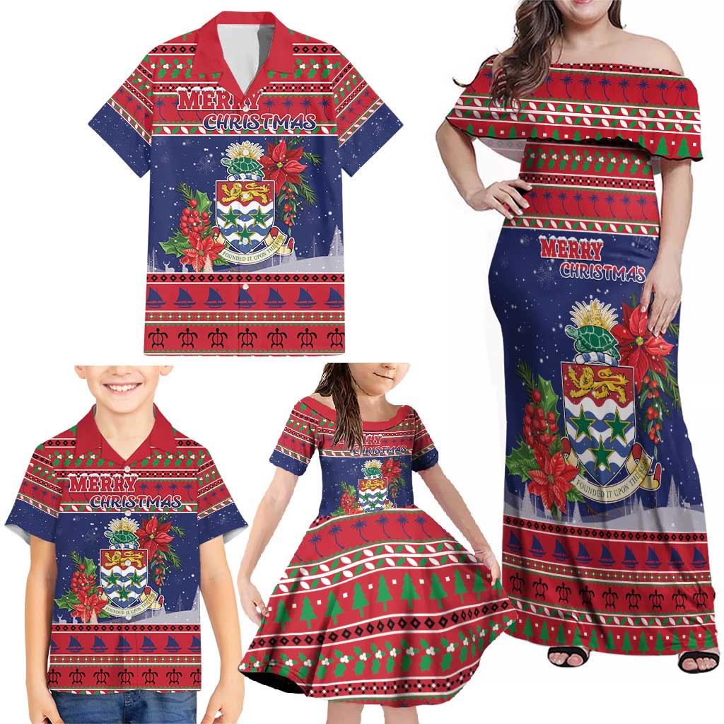 Cayman Islands Christmas Family Matching Off Shoulder Maxi Dress and Hawaiian Shirt Coat Of Arms With Poinsettia - Wonder Print Shop