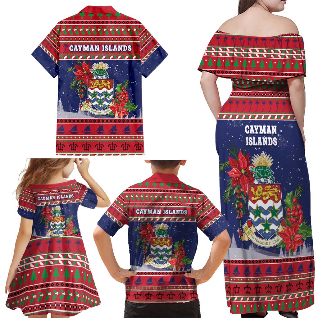 Cayman Islands Christmas Family Matching Off Shoulder Maxi Dress and Hawaiian Shirt Coat Of Arms With Poinsettia - Wonder Print Shop