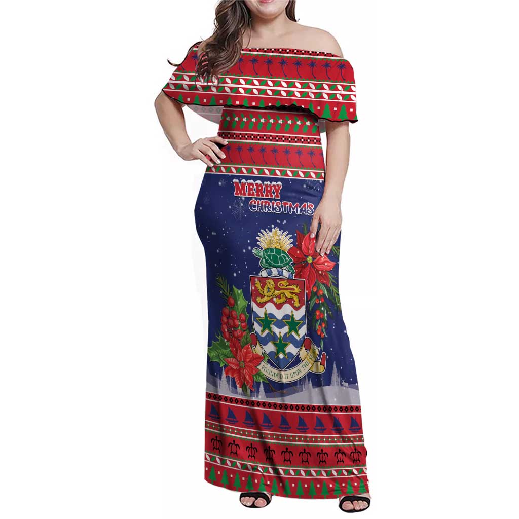 Cayman Islands Christmas Family Matching Off Shoulder Maxi Dress and Hawaiian Shirt Coat Of Arms With Poinsettia - Wonder Print Shop
