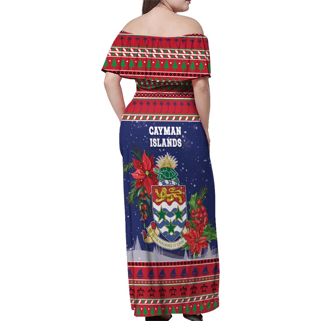 Cayman Islands Christmas Family Matching Off Shoulder Maxi Dress and Hawaiian Shirt Coat Of Arms With Poinsettia - Wonder Print Shop