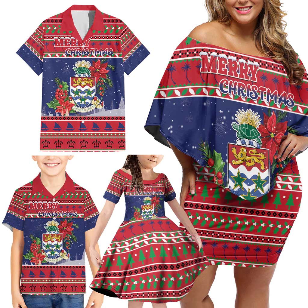 Cayman Islands Christmas Family Matching Off Shoulder Short Dress and Hawaiian Shirt Coat Of Arms With Poinsettia - Wonder Print Shop
