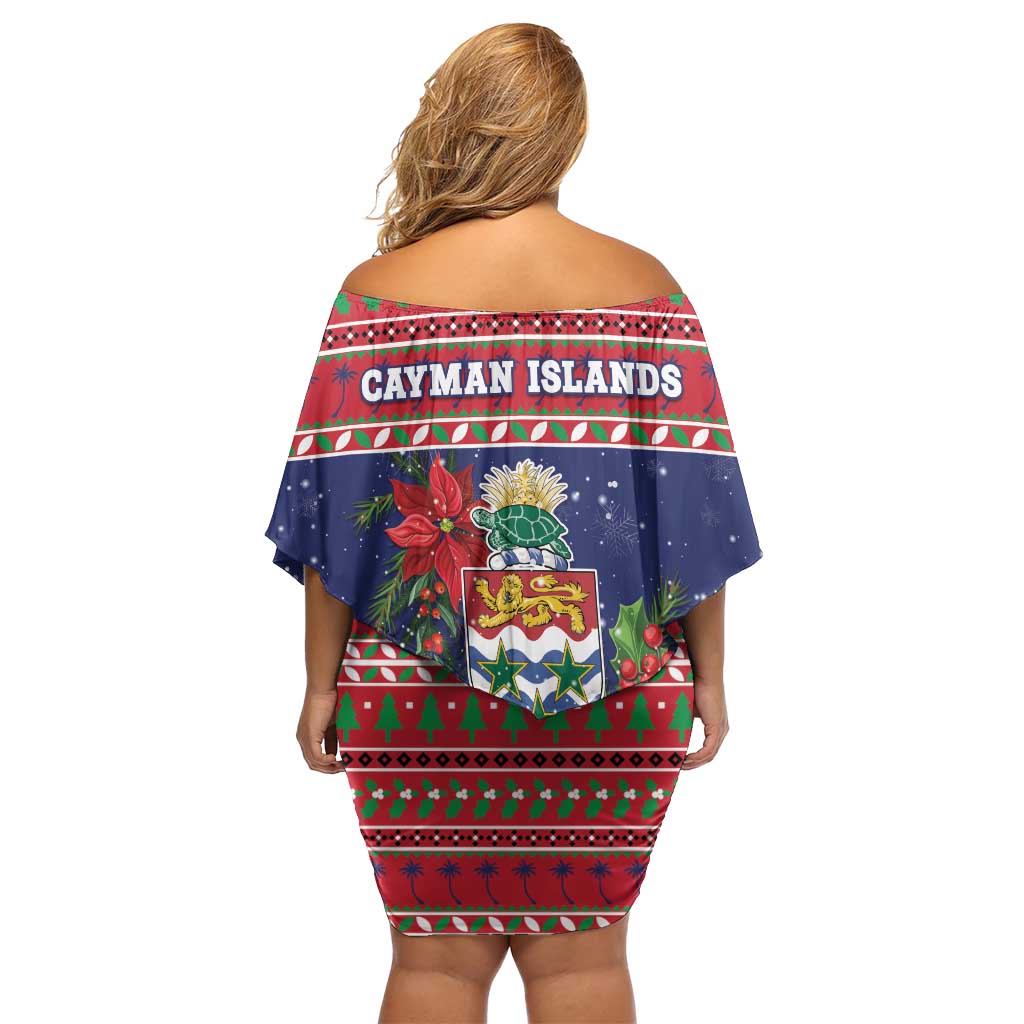 Cayman Islands Christmas Family Matching Off Shoulder Short Dress and Hawaiian Shirt Coat Of Arms With Poinsettia - Wonder Print Shop