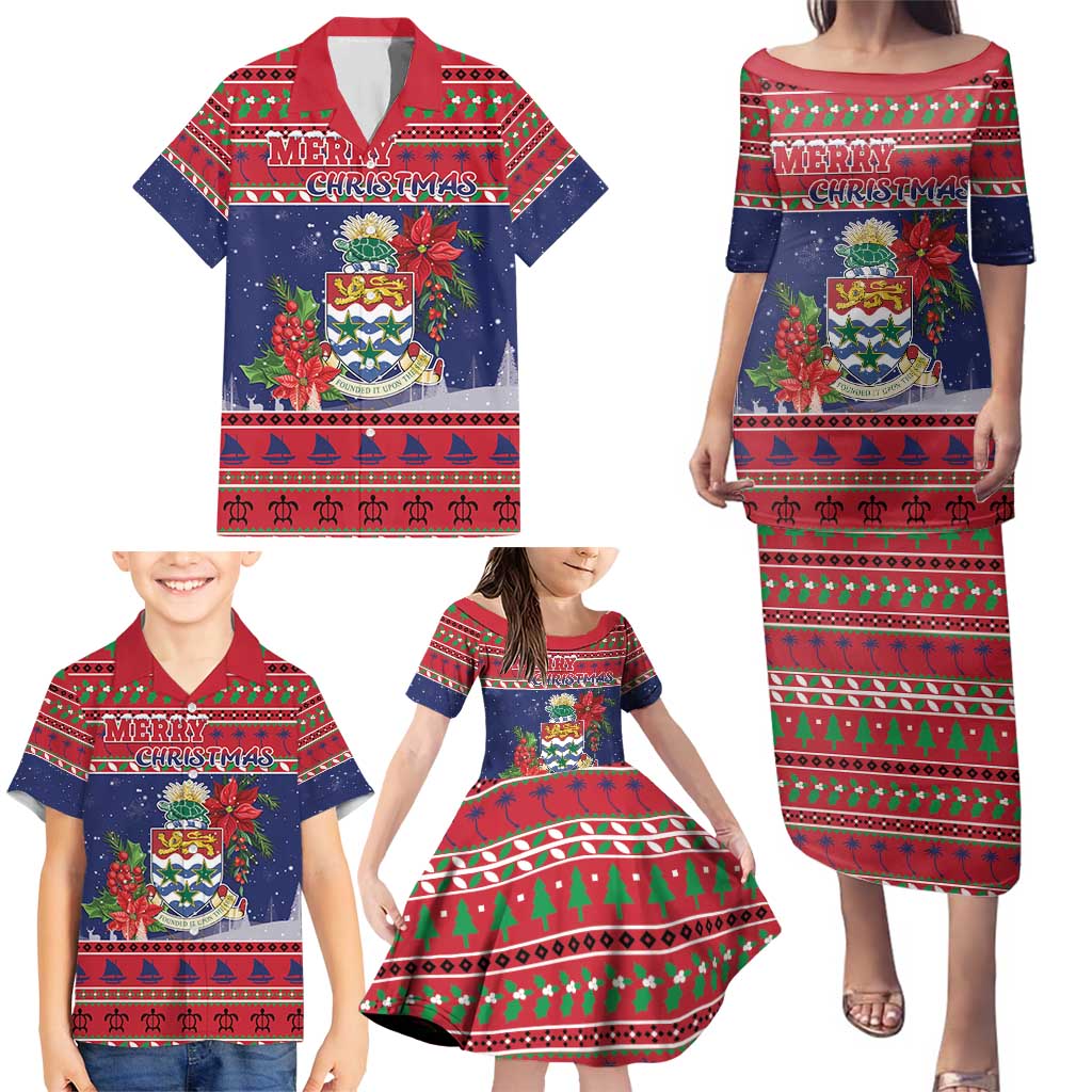 Cayman Islands Christmas Family Matching Puletasi and Hawaiian Shirt Coat Of Arms With Poinsettia - Wonder Print Shop
