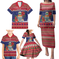 Cayman Islands Christmas Family Matching Puletasi and Hawaiian Shirt Coat Of Arms With Poinsettia - Wonder Print Shop