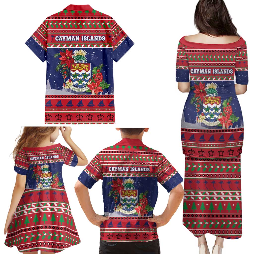 Cayman Islands Christmas Family Matching Puletasi and Hawaiian Shirt Coat Of Arms With Poinsettia - Wonder Print Shop