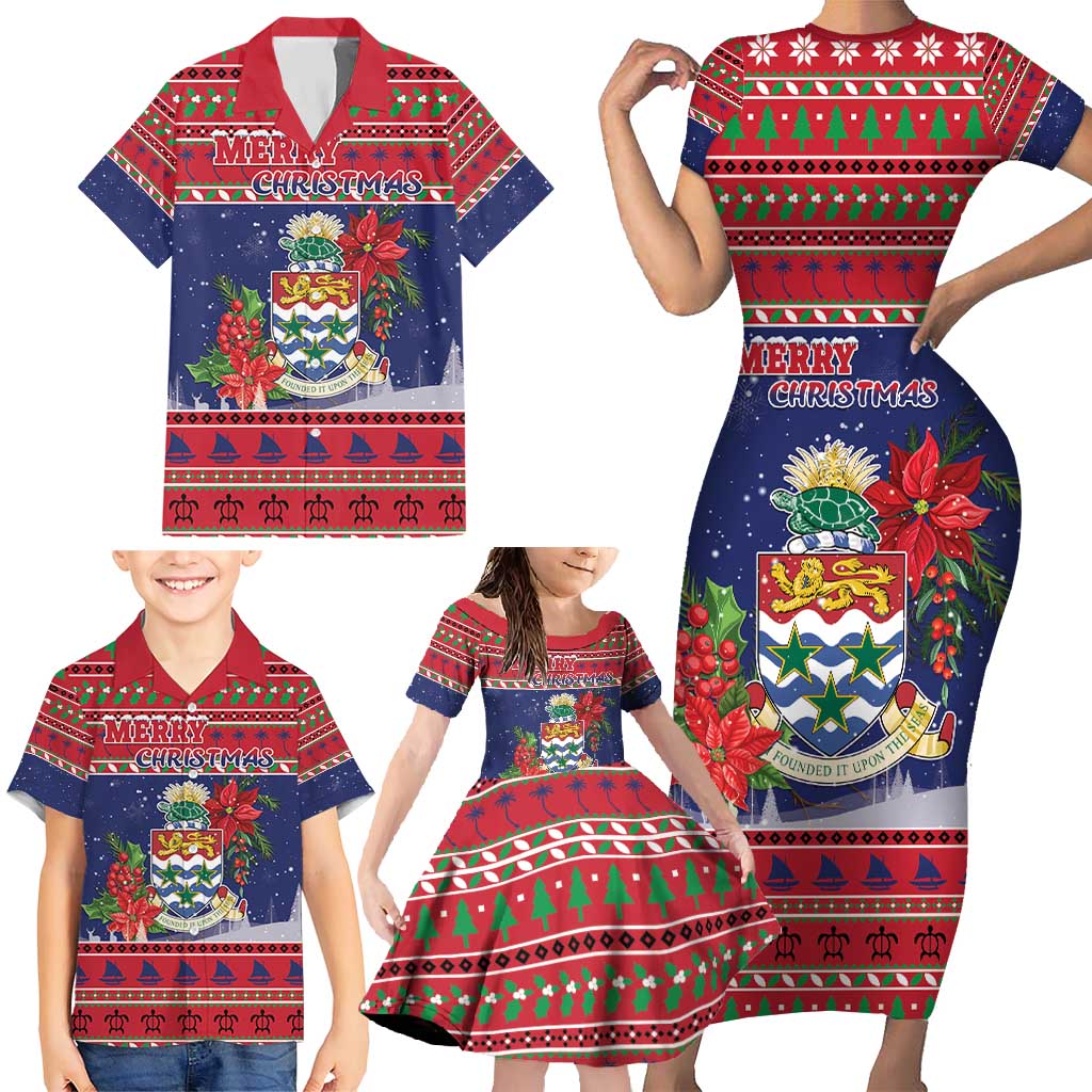 Cayman Islands Christmas Family Matching Short Sleeve Bodycon Dress and Hawaiian Shirt Coat Of Arms With Poinsettia - Wonder Print Shop