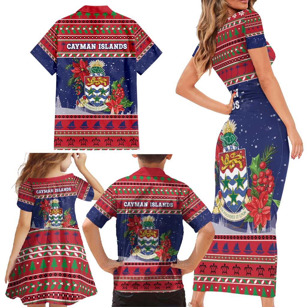 Cayman Islands Christmas Family Matching Short Sleeve Bodycon Dress and Hawaiian Shirt Coat Of Arms With Poinsettia - Wonder Print Shop